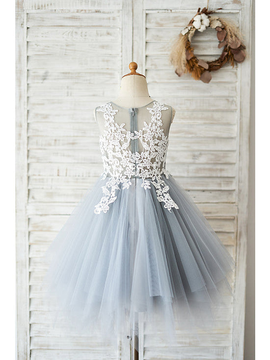 Short Ball Gown Lace Tulle Sleeveless Jewel Neck Wedding Birthday Flower Girl Dresses-27dress