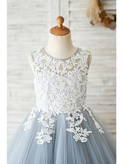 Short Ball Gown Lace Tulle Sleeveless Jewel Neck Wedding Birthday Flower Girl Dresses-27dress