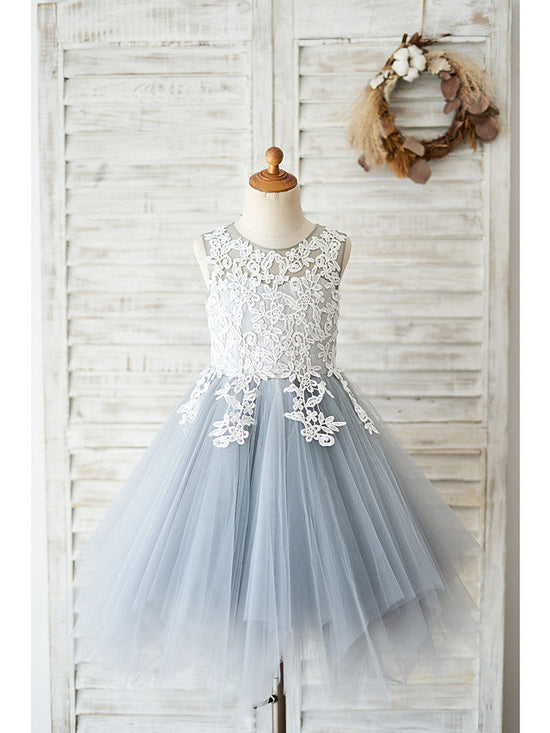 Short Ball Gown Lace Tulle Sleeveless Jewel Neck Wedding Birthday Flower Girl Dresses-27dress