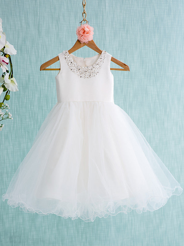 Short Ball Gown Satin Tulle Jewel Neck Wedding First Communion Flower Girl Dresses-27dress