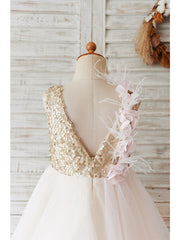Short Ball Gown Tulle Sequined Wedding Birthday Flower Girl Dresses-27dress