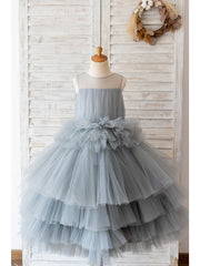 Short Ball Gown Tulle Sleeveless Jewel Neck Wedding Birthday Flower Girl Dresses-27dress