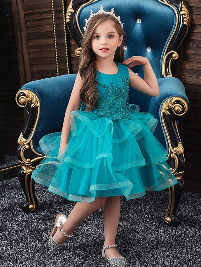 Short Ball Gown Tulle Sleeveless Jewel Neck Wedding Party Flower Girl Dresses-27dress