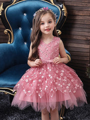 Short Ball Gown Tulle Sleeveless V Neck Wedding Party Flower Girl Dresses-27dress