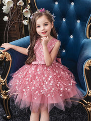 Short Ball Gown Tulle Sleeveless V Neck Wedding Party Flower Girl Dresses-27dress