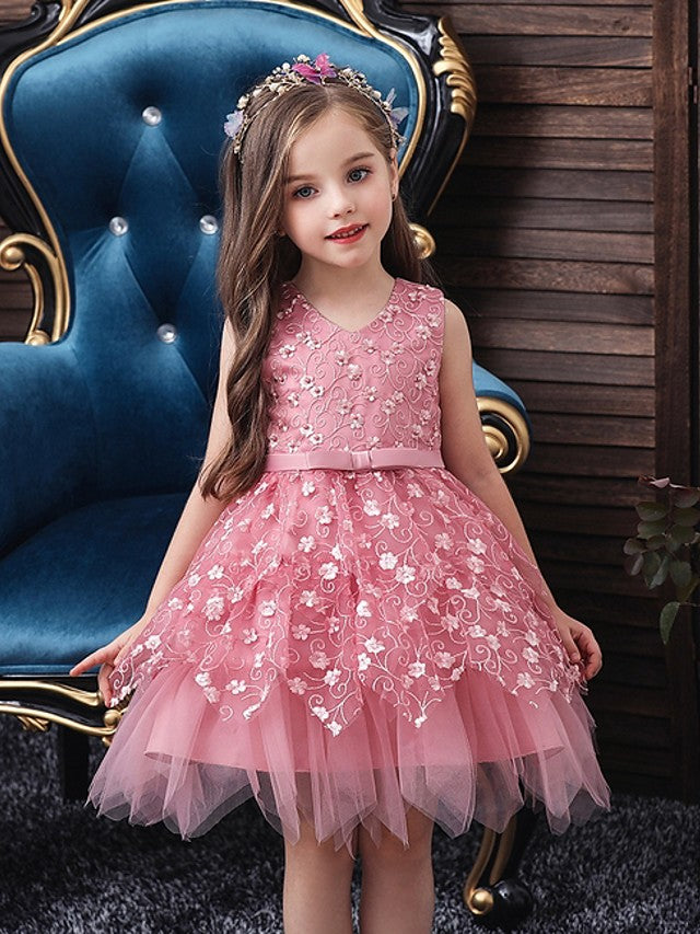 Short Ball Gown Tulle Sleeveless V Neck Wedding Party Flower Girl Dresses-27dress