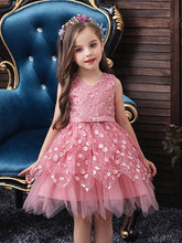 Short Ball Gown Tulle Sleeveless V Neck Wedding Party Flower Girl Dresses-27dress