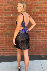Short Cutout Back Black Sequined Sheath Homecoming Dress-27dress