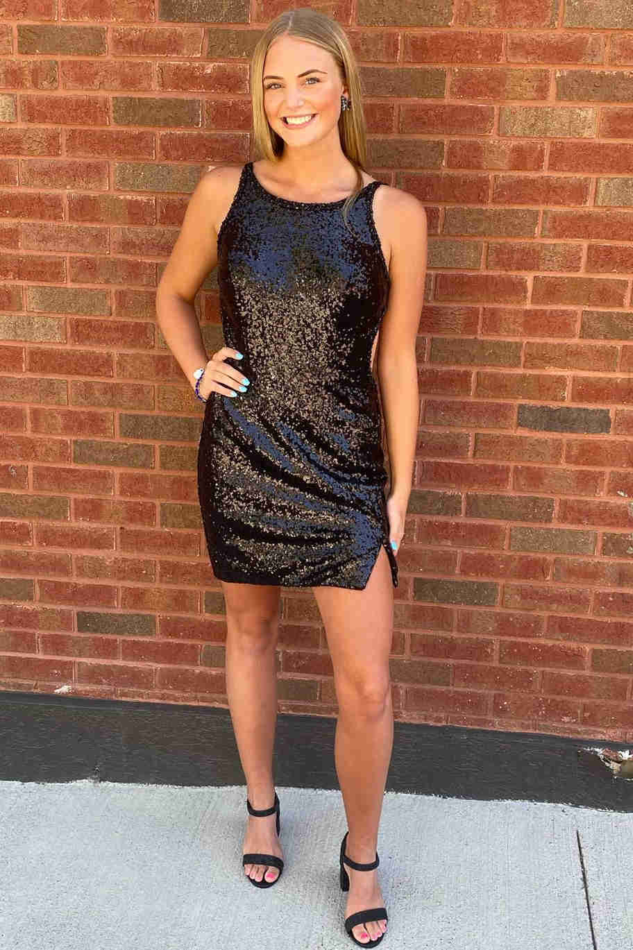 Short Cutout Back Black Sequined Sheath Homecoming Dress-27dress