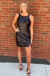 Short Cutout Back Black Sequined Sheath Homecoming Dress-27dress