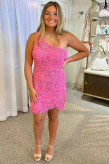 Short One Shoulder Lace Appliques Homecoming Dress-27dress