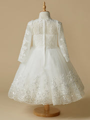 Short Princess Lace Tulle Wedding First Communion Flower Girl Dresses with Sleeves-27dress
