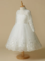 Short Princess Lace Tulle Wedding First Communion Flower Girl Dresses with Sleeves-27dress