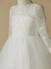 Short Princess Lace Tulle Wedding First Communion Flower Girl Dresses with Sleeves-27dress