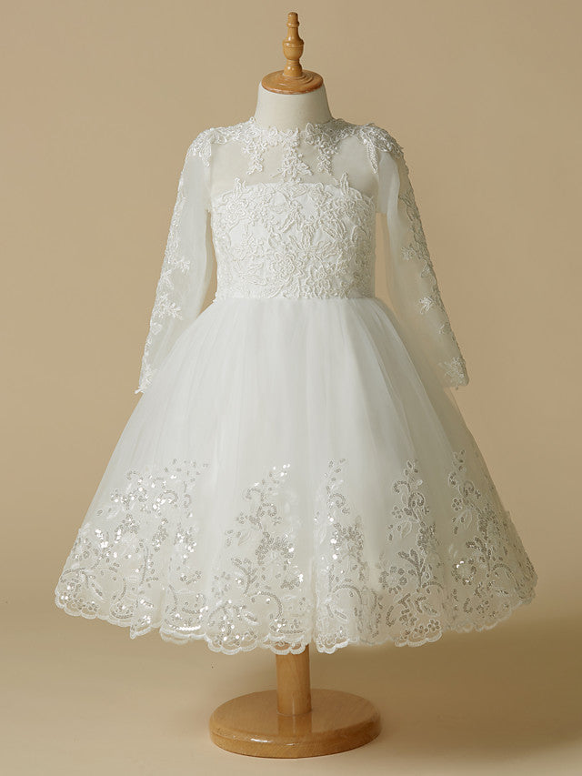 Short Princess Lace Tulle Wedding First Communion Flower Girl Dresses with Sleeves-27dress