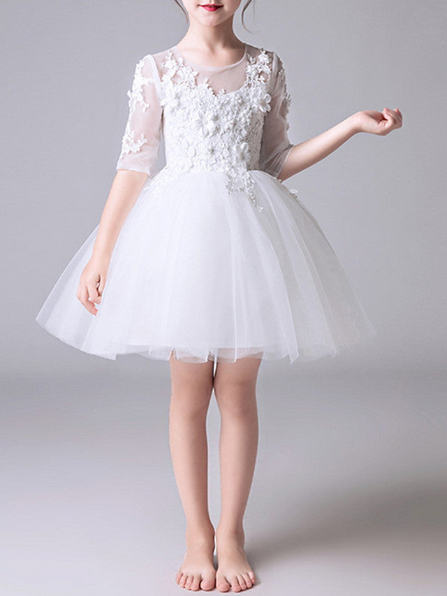 Short Princess Polyester Jewel Neck First Communion Flower Girl Dresses with Sleeves-27dress