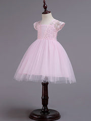 Short Princess Square Neck Lace Tulle Wedding Party Pageant Flower Girl Dresses-27dress