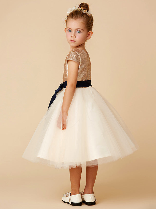 Short Princess Tulle Sequined Jewel Neck Pageant Flower Girl Dresses with Sleeves-27dress