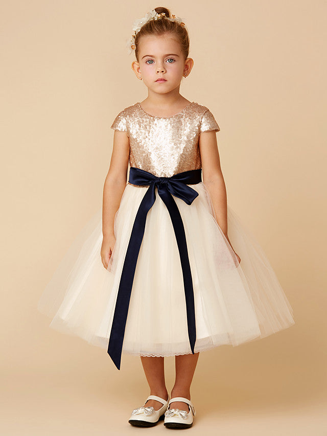Short Princess Tulle Sequined Jewel Neck Pageant Flower Girl Dresses with Sleeves-27dress