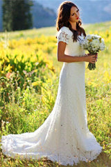 Short Sleeves Lace Boho Wedding Dress On Sale-27dress