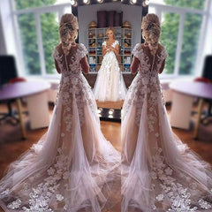 Short Sleeves Wedding Dress Lace Appliques Zipper Back-27dress