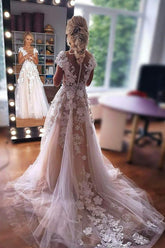 Short Sleeves Wedding Dress Lace Appliques Zipper Back-27dress