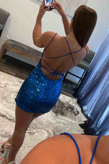 Short Spaghetti Straps Blue Sequined Homecoming Dress-27dress