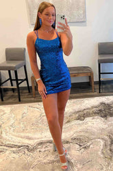 Short Spaghetti Straps Blue Sequined Homecoming Dress-27dress