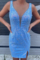 Short V-neck Sequined Backless Sheath Homecoming Dress-27dress
