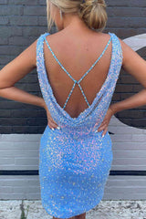 Short V-neck Sequined Backless Sheath Homecoming Dress-27dress