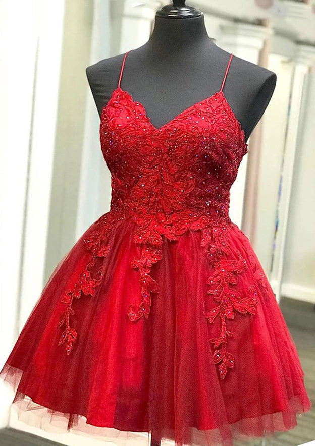 A-line V Neck Spaghetti Sleeveless Lace Tulle Short Homecoming Dresses –  27dress
