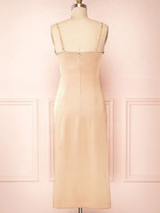 Silk-like Satin Sheath/Column Cowl Neck Tea-length Split Front Bridesmaid Dresses