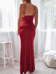 Silk-like Satin Sheath/Column Prom Dresses with Split Front and Cowl Neck Floor-length