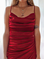 Silk-like Satin Sheath/Column Prom Dresses with Split Front and Cowl Neck Floor-length