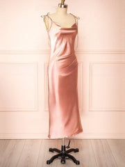 Silk-like Satin Tea-length Ruffles Bridesmaid Dress in Sheath/Column Cowl Neck