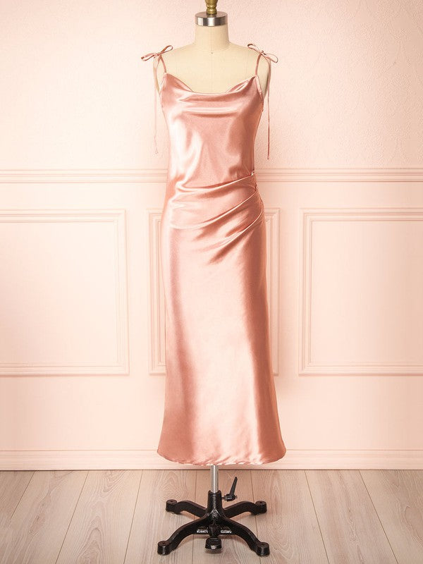 Silk-like Satin Tea-length Ruffles Bridesmaid Dress in Sheath/Column Cowl Neck