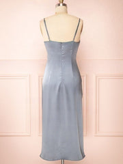 Silk-like Satin Tea-length Sheath/Column Cowl Neck Split Front Bridesmaid Dresses