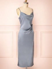 Silk-like Satin Tea-length Sheath/Column Cowl Neck Split Front Bridesmaid Dresses