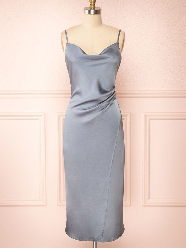 Silk-like Satin Tea-length Sheath/Column Cowl Neck Split Front Bridesmaid Dresses
