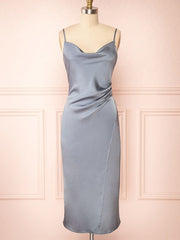Silk-like Satin Tea-length Sheath/Column Cowl Neck Split Front Bridesmaid Dresses