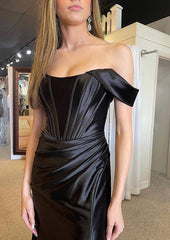 Silk-like Satin Trumpet/Mermaid Split Prom Dress with Off-the-Shoulder Straps and Pleated Court Train-27dress