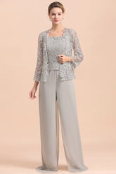 Silver Chiffon Mother of the Bride Dress Jumpsuit with Lace Appliques-27dress