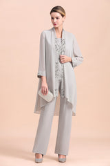 Silver Jumpsuit Mother of the Bride Dress with Floral Lace Appliques-27dress