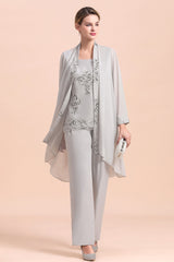 Silver Jumpsuit Mother of the Bride Dress with Floral Lace Appliques-27dress