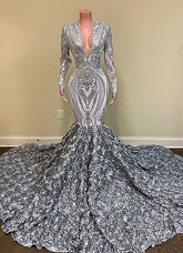 Silver Sequins Lace V Neck Long Sleeves Prom Dress Mermaid With Flowers Bottom
