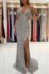 Silver Sequins Spaghetti Strap V Neck Sleeveless Mermaid Prom Dress With Split