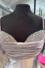 Silver Spaghetti Straps Beaded Ruched Mermaid Prom Dress-27dress