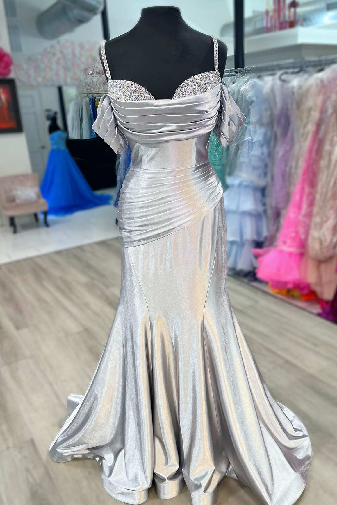 Silver Spaghetti Straps Beaded Ruched Mermaid Prom Dress-27dress