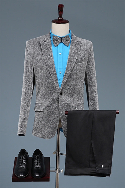 Silvery Peaked Lapel Two Pieces Sequins Prom Suits