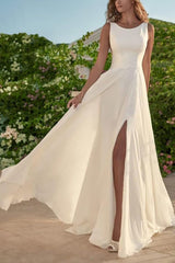 Simple A-line Satin Off-the-Shoulder Backless Wedding Dress-27dress